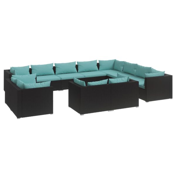 vidaXL Garden Lounge Set Black Poly Rattan, Water Blue Cushions