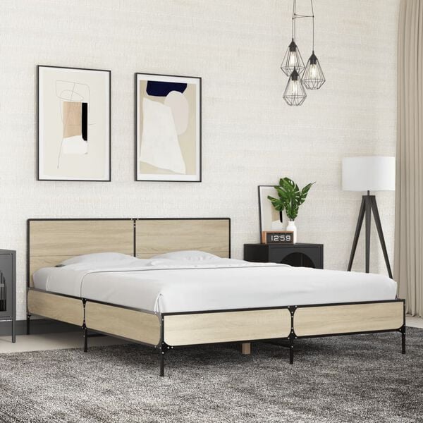 vidaXL Bed Frame Sonoma oak Engineered wood, metal, plywood Full