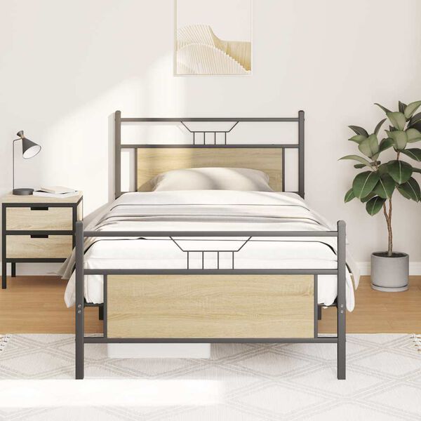 vidaXL Bed Frame Sonoma Oak Engineered Wood and Steel Single Bed Frame