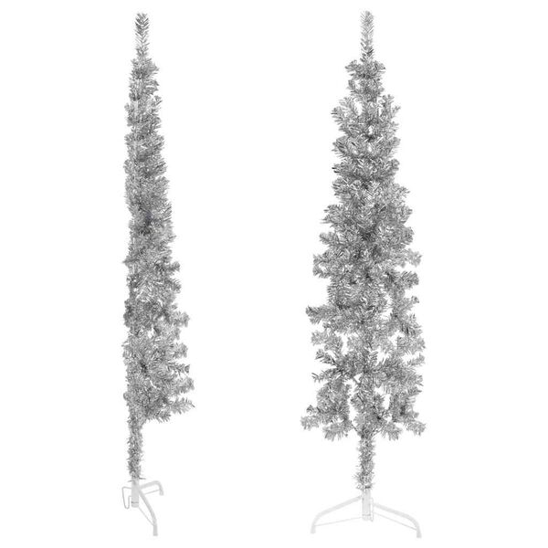 vidaXL Artificial Half Christmas Tree Silver PVC, Steel Slim, 59.1 in tall