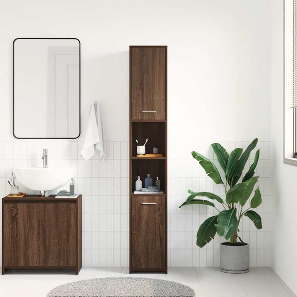 vidaXL Bathroom Cabinet Brown oak Engineered wood Tall Bathroom Cabinet