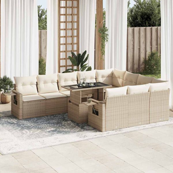 vidaXL Garden Sofa Set Beige PE rattan, powder-coated steel, tempered glass