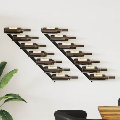 Set of wall-mounted wine racks arranged in a chevron pattern on a white wall, with bottles placed horizontally.