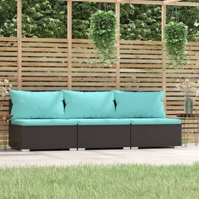 vidaXL 3-Seater Sofa with Cushions Black Poly Rattan