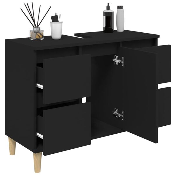 vidaXL Sink Cabinet Black Engineered Wood and Solid Eucalyptus Wood Medium