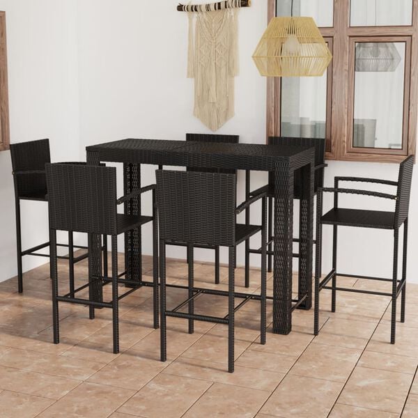 vidaXL 7 Piece Patio Bar Set with Armrest Poly Rattan Black