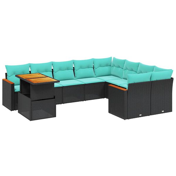 vidaXL 10 Piece Patio Sofa Set with Cushions Black Poly Rattan