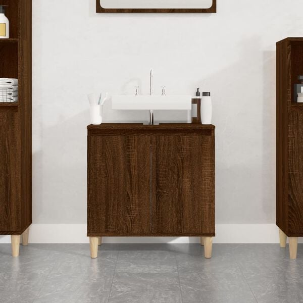 vidaXL Sink Cabinet Brown Oak Engineered Wood, Solid Eucalyptus Wood