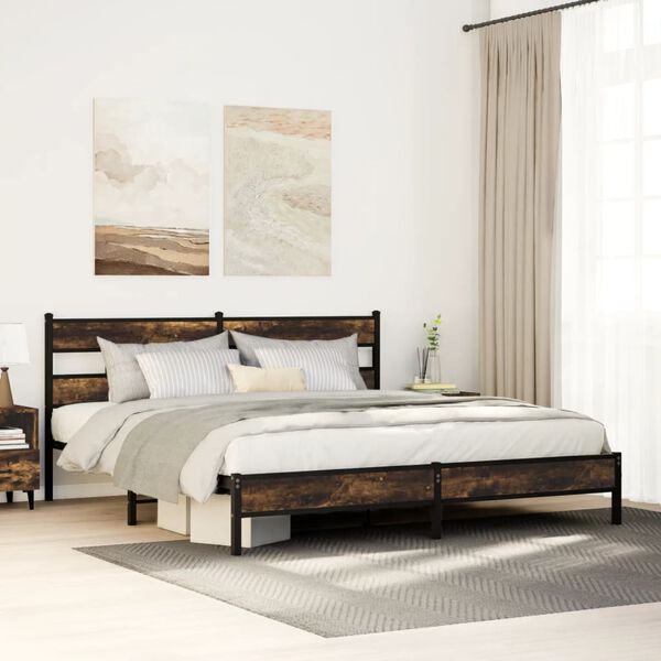 vidaXL Bed Frame Smoked Oak Steel, Engineered Wood King Size Bed Frame