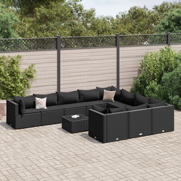 vidaXL Patio Sofa Set Black PE rattan, powder-coated steel, tempered glass