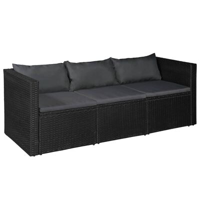 vidaXL 3 Seater Patio Sofa Black Poly Rattan with Gray Cushions