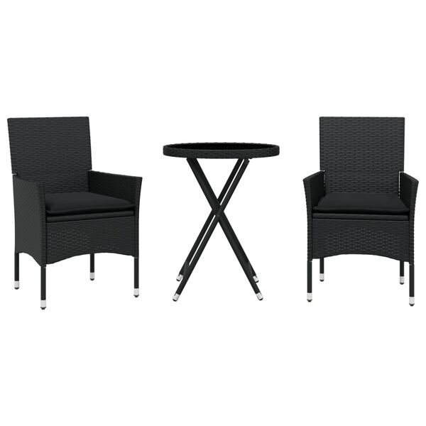 vidaXL 3 Piece Bistro Set with Cushions Black Poly Rattan and Glass