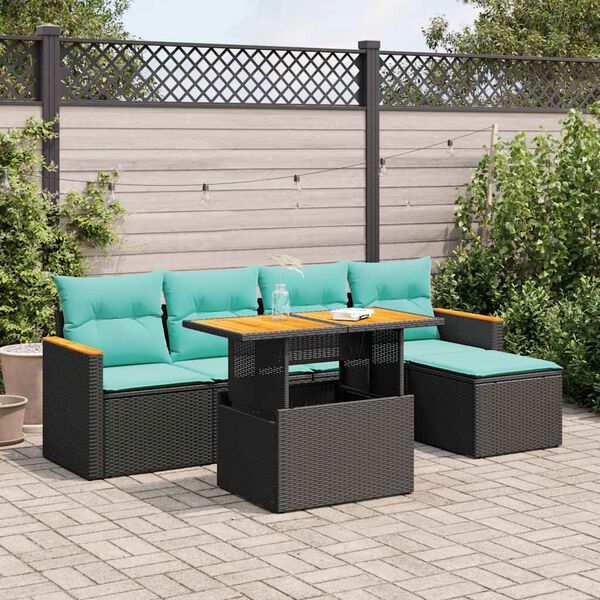 vidaXL 6 Piece Patio Sofa Set with Cushions Black Poly Rattan