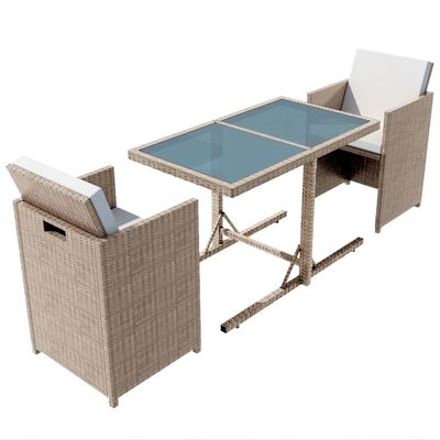 vidaXL 3 Piece Bistro Set with Cushions Poly Rattan Beige