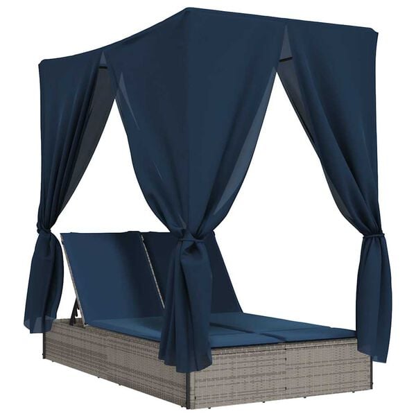 vidaXL Double Sun Lounger with Roof and Curtains Gray Poly Rattan