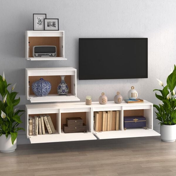 vidaXL TV Cabinet Set of 4 White Solid Pine Wood Small TV Cabinet