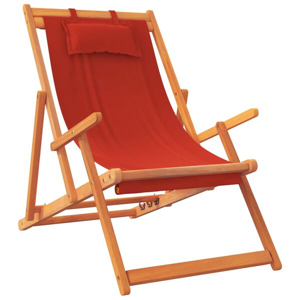 vidaXL Folding Beach Chair Set of 2 Red Solid eucalyptus wood, Polyester