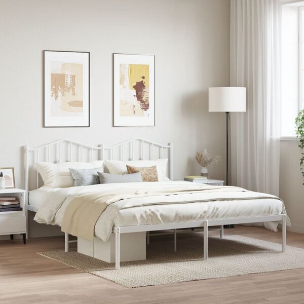 vidaXL Bed Frame White Powder-Coated Steel King Metal Bed Frame