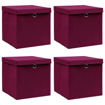 vidaXL Storage Boxes with Lids 4 pcs Dark Red 12.6"x12.6"x12.6" Fabric