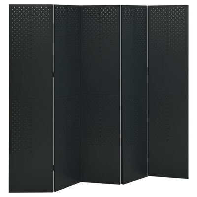 Tall black perforated panel screens forming a folding room divider