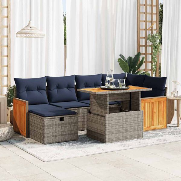 vidaXL 7 Piece Patio Sofa Set with Cushions Grey Poly Rattan Acacia