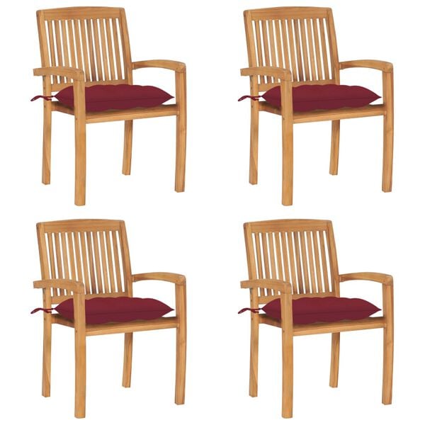 vidaXL Stacking Patio Chairs with Cushions 4 pcs Solid Teak Wood
