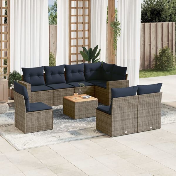 vidaXL 9 Piece Patio Sofa Set with Cushions Gray Poly Rattan