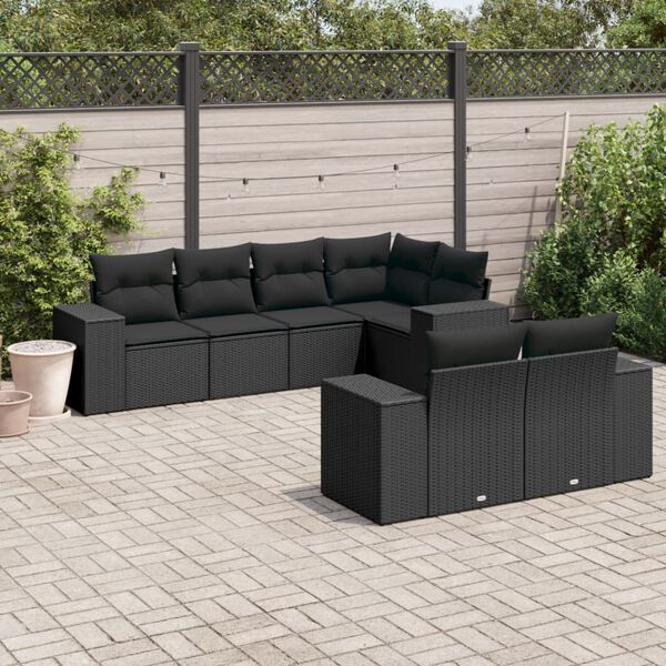vidaXL Garden Sofa Set Black Poly Rattan, Powder-Coated Steel, Fabric