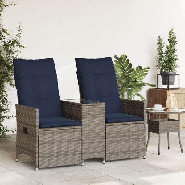vidaXL Reclining Patio Sofa 2-Seater with Table Gray Poly Rattan