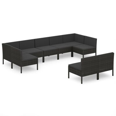 vidaXL 9 Piece Patio Lounge Set with Cushions Poly Rattan Black