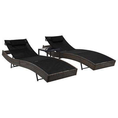 vidaXL Sun Loungers 2 pcs with Table Poly Rattan and Textilene Brown