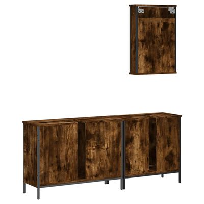 Two rustic vanities side by side with cabinet doors open; tall wall cabinet above