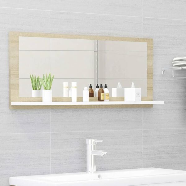vidaXL Mirror White and Sonoma Oak Engineered Wood 35.4 x 4.1 x 14.6 in