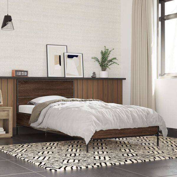 vidaXL Bed Frame Brown Oak Engineered Wood, Metal, Plywood Small Single
