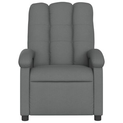 Front view of grey recliner with tall back and padded arms.