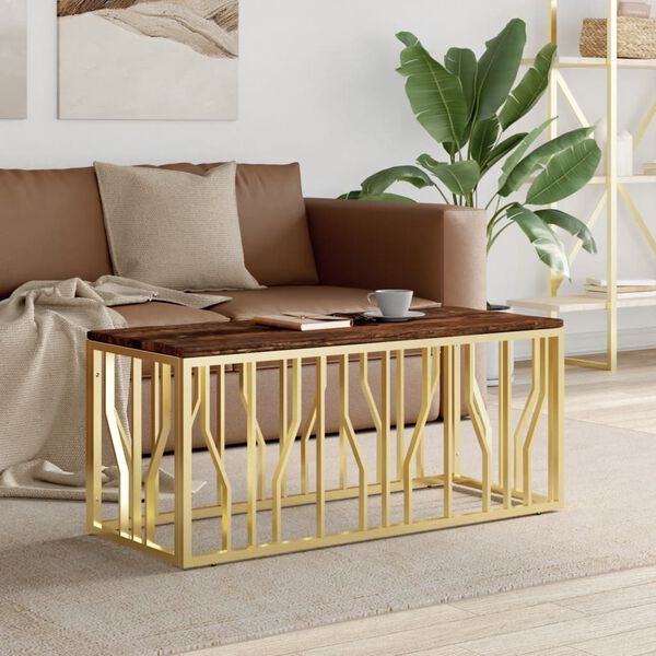 vidaXL Coffee Table Gold Stainless Steel, Solid Reclaimed Wood Medium
