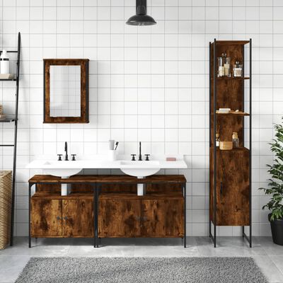 Bathroom vanity arrangement with two vessel sinks on a long white countertop, matching wooden cabinets, wall mirror, and a tall glass-door cabinet on the right.