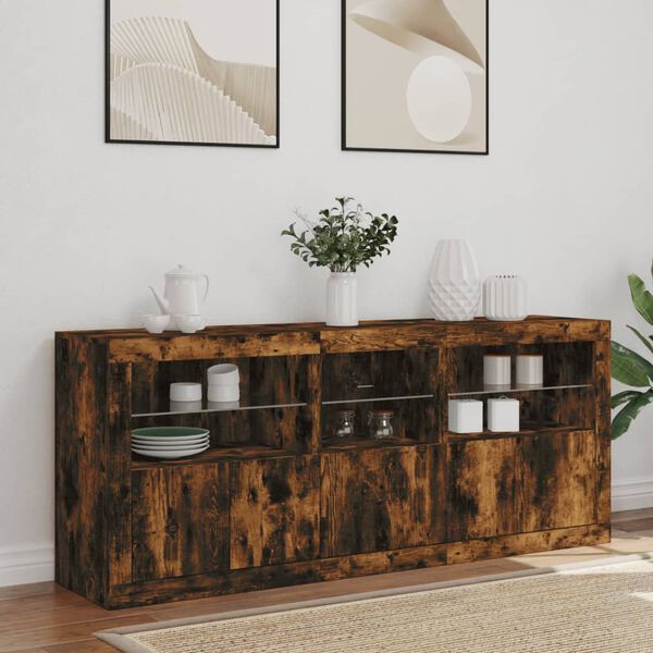 vidaXL Sideboard with LED Lights Smoked Oak 63.8"x14.6"x26.4"