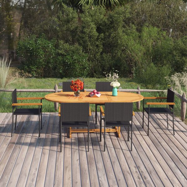 vidaXL Dining Set Black Solid Acacia wood, PE rattan, Powder-Coated Steel