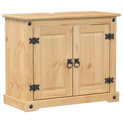 Wooden cabinet with two doors and a drawer on top, metal handles and hinges