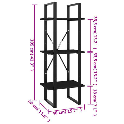 vidaXL 3-Tier Book Cabinet Black 15.7"x11.8"x41.3" Engineered Wood