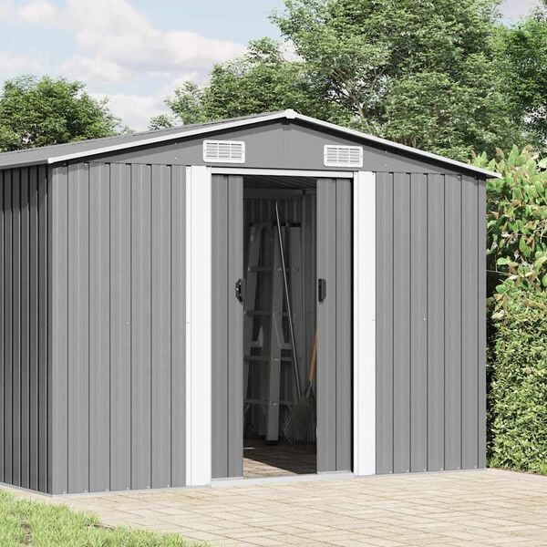 vidaXL Garden Shed Metal Grey Galvanized Steel 101.2 x 192.3 x 71.3 in