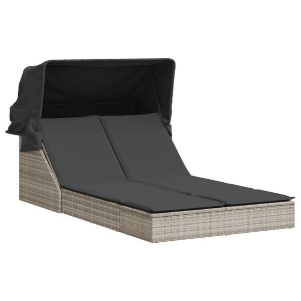 vidaXL Double Sun Lounger with Canopy and Cushions Light Grey Poly Rattan
