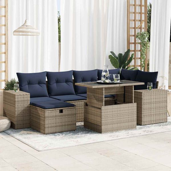 vidaXL 7 Piece Patio Sofa Set with Cushions Brown Poly Rattan Acacia