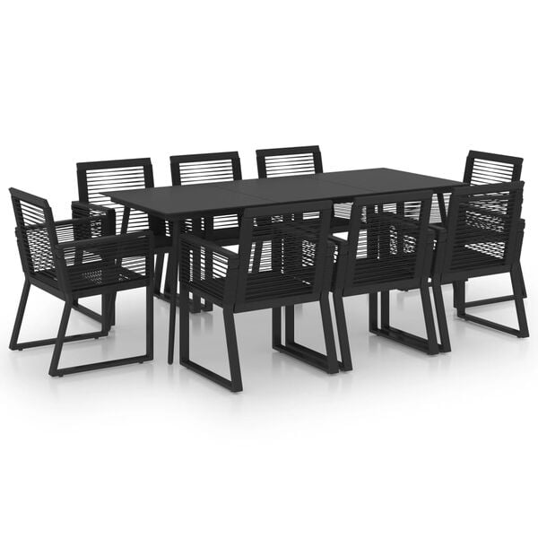 vidaXL Dining Set Black PVC rattan, powder-coated steel, glass 9 Piece Set