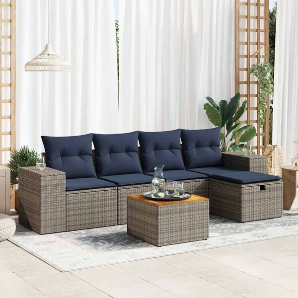 vidaXL 6 Piece Patio Sofa Set with Cushions Gray Poly Rattan
