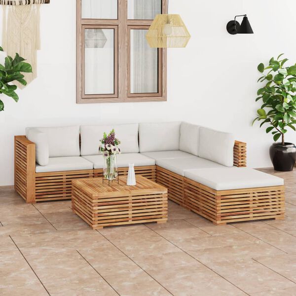 vidaXL 6 Piece Patio Lounge Set with Cream Cushion Solid Teak Wood