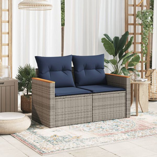 vidaXL Patio Sofa with Cushions 2-Seater Gray Poly Rattan