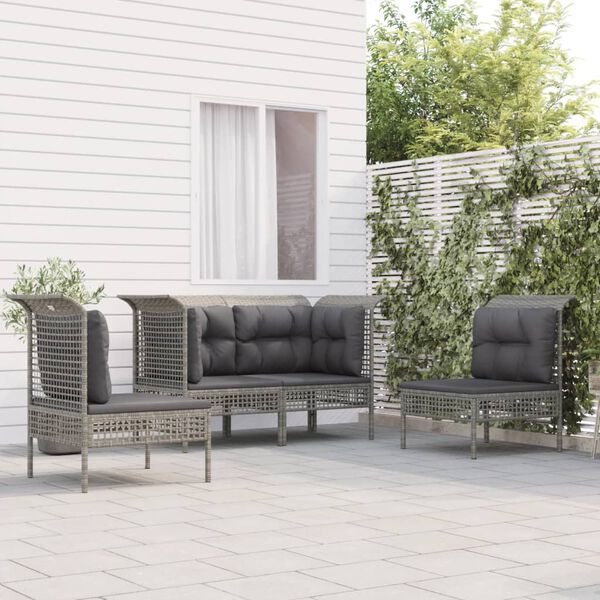vidaXL 4 Piece Patio Lounge Set with Cushions Grey Poly Rattan