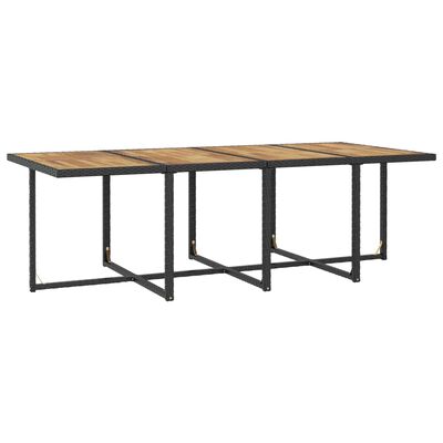 Long wooden outdoor table with metal frame and legs; three-segment top.